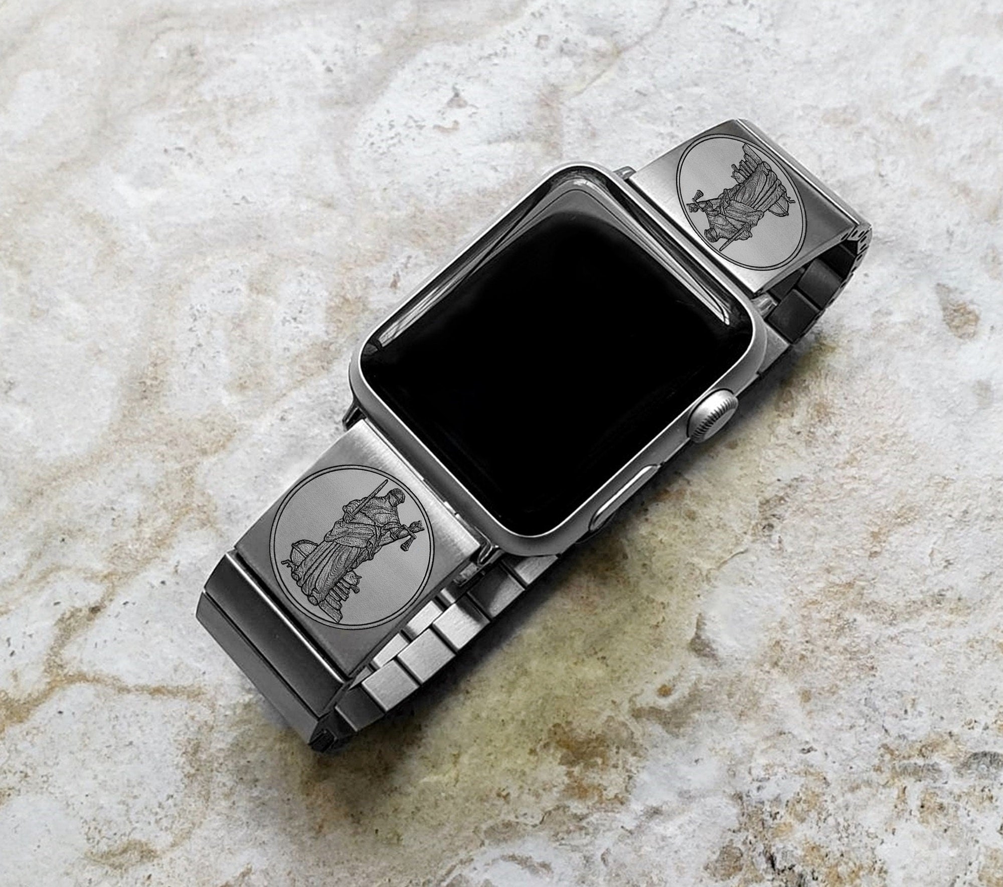 Lady Justice Engraved Band Compatible with Apple Watch Ultra 2 9 8 7 SE 6 5 4 3 2 Case 38mm 40mm 41mm 42mm 44mm 45mm 49mm St Steel Strap BJ2